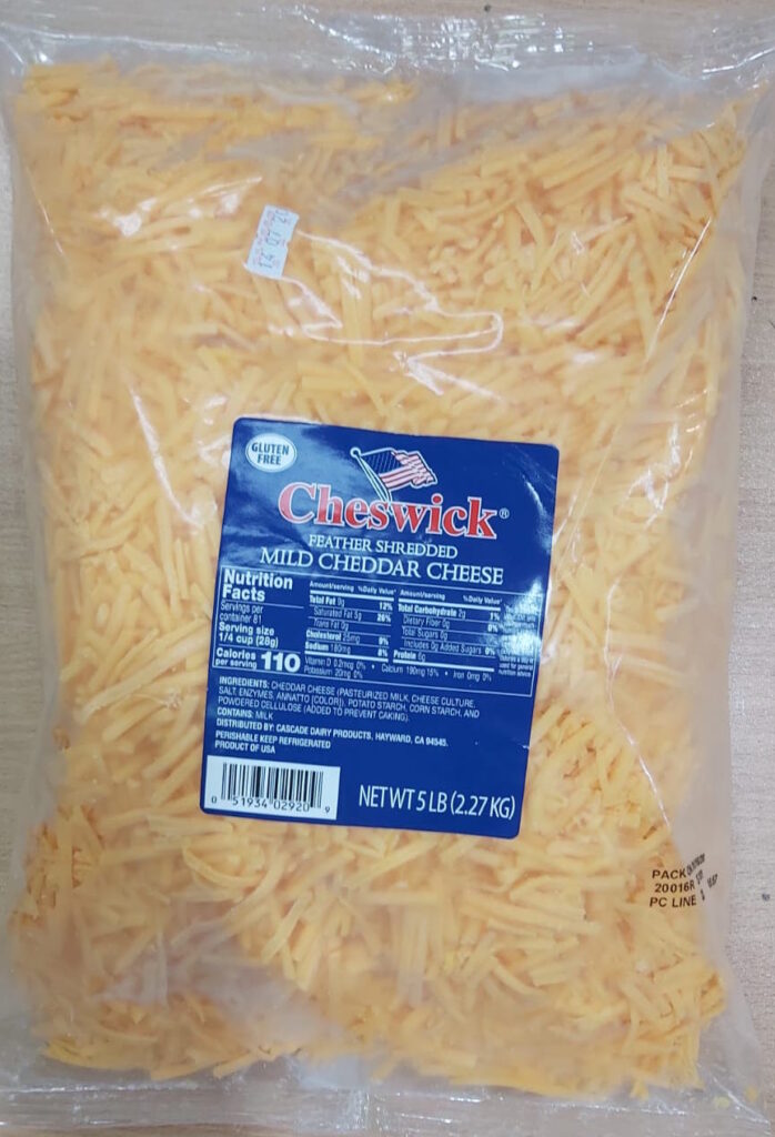 Cheswick Feather shredded Mild Cheddar Cheese Gluten Free 2.27KG BAG